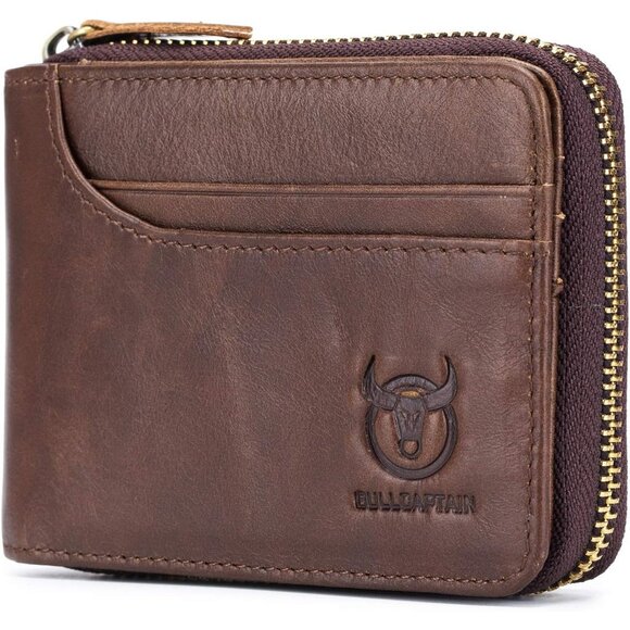 🆕Men Brown Leather RFID Blocking Zipper Bifold Wallet Multi Card Holder Vintage - Picture 1 of 7